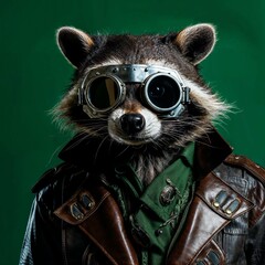 Photo of Realistic Raccoon Wearing Steampunk Costume. Abstract concept. A raccoon stand and posing like a human. Studio composition.