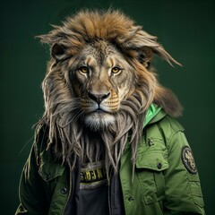 Photo of Realistic Lion Wearing Green Jacket. Abstract concept. A lion stand and posing like a human. Studio composition.
