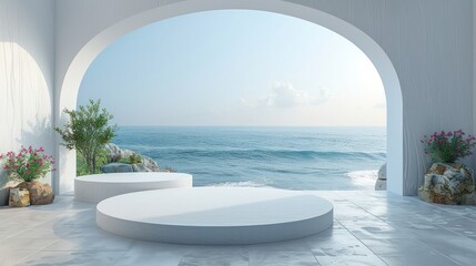 Fototapeta premium Clean white podium stage with a peaceful ocean view, ideal for relaxation and wellness product displays.