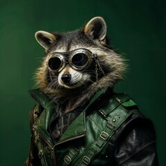 Photo of Realistic Raccoon Wearing Steampunk Costume. Abstract concept. A raccoon stand and posing like a human. Studio composition.