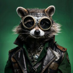 Photo of Realistic Raccoon Wearing Steampunk Costume. Abstract concept. A raccoon stand and posing like a human. Studio composition.