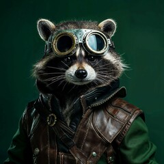 Photo of Realistic Raccoon Wearing Steampunk Costume. Abstract concept. A raccoon stand and posing like a human. Studio composition.