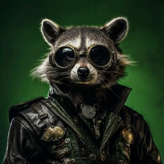Photo of Realistic Raccoon Wearing Steampunk Costume. Abstract concept. A raccoon stand and posing like a human. Studio composition.