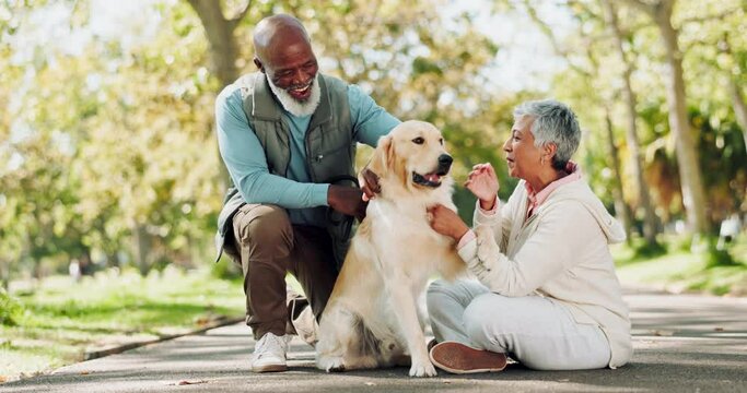 Couple, senior people and bonding with dog in park for walk, exercise and fitness on retirement in New York. Relationship, pet and workout in outdoor for health, wellness and wellbeing as family