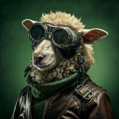Photo of Realistic Sheep Wearing Steampunk Costume. Abstract concept. A sheep stand and posing like a human. Studio composition.