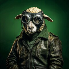 Photo of Realistic Sheep Wearing Steampunk Costume. Abstract concept. A sheep stand and posing like a human. Studio composition.