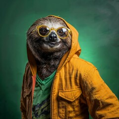 Photo of Realistic Sloth Wearing Colorful Costume. Abstract concept. A sloth stand and posing like a human. Studio composition.