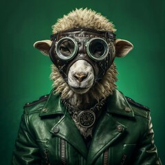 Photo of Realistic Sheep Wearing Steampunk Costume. Abstract concept. A sheep stand and posing like a human. Studio composition.