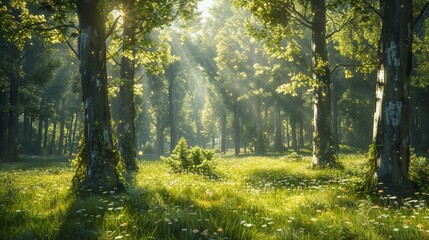 A serene nature scene depicting a peaceful forest glade with dappled sunlight filtering through the trees, creating a tranquil ambiance and bringing a touch of the outdoors inside.