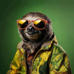 Photo of Realistic Sloth Wearing Colorful Costume. Abstract concept. A sloth stand and posing like a human. Studio composition.