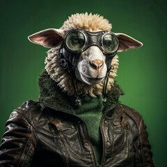 Photo of Realistic Sheep Wearing Steampunk Costume. Abstract concept. A sheep stand and posing like a human. Studio composition.