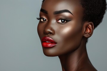 Fototapeta premium Radiant dark-skinned beauty with striking red lips and flawless makeup