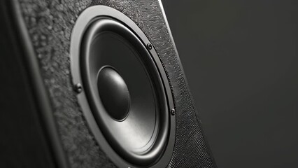A black subwoofer speaker on a black background
