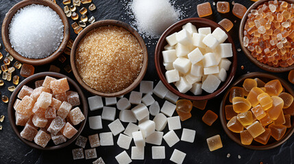 Different types of sugar on black table - Powered by Adobe