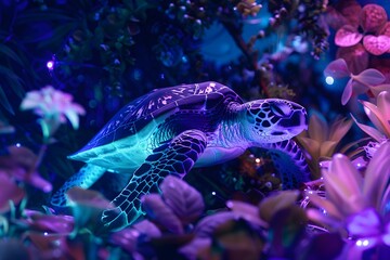 Beautiful Sea Turtle Swimming Among Vibrant Coral and Flowers at Night.