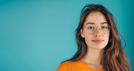 Fototapeta premium Portrait of beautiful cute teenage girl posing isolated against blue studio wall background
