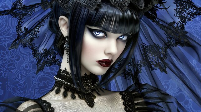 Gothic fantasy woman with piercing blue eyes and elaborate headpiece