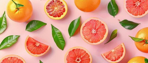 Fresh juicy grapefruits and orange slices with green leaves on a pink background. Vibrant citrus fruit flat lay.