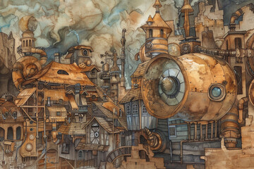 Steampunk Adventure, Steampunk adventure, brass & earth tones, cartoon drawing, water color style 