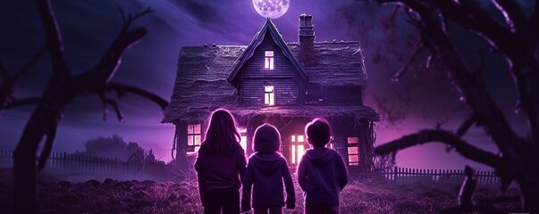 Child's scared looking haunted spooky house, halloween festive background