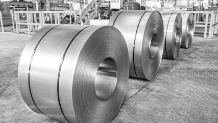 Industrial warehouse. Cold rolled steel coil in warehouse of plant. Production of steel sheets in...