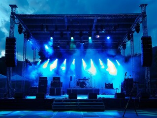 a stage set up for a concert with blue lights