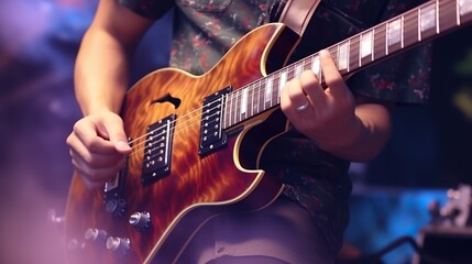 Close up musician playing electric guitar on a concert stage