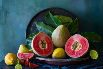 Still life with sliced guava and tropical fruits, ideal for a healthfocused kitchen or smoothie bar, celebrating the natural beauty and nutritional benefits of guavas 