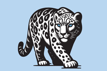 Snow Leopard. Black engraved vector illustration. Emlem, logo. Blue background