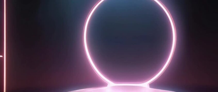 Futuristic room with circle neon podium and a round neon lamp. 3D space with empty stage. Dark Futuristic room with podium and Effect of light, glare, reflection, glow. Stage for show product