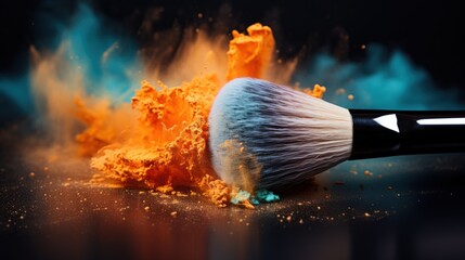 Cosmetic brush with explosion colorful powders, on a dark background, make up beauty concept