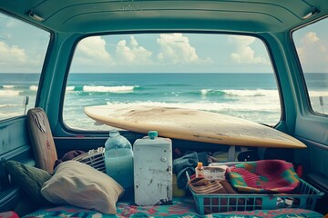 Fototapeta premium View through the back of a van packed with surfing gear, overlooking a beautiful beach with waves, perfect for a summer adventure.