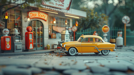 A yellow toy car parked in front of a vintage gas station, with old-fashioned pumps and signage.