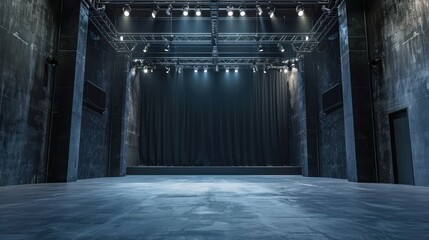 Empty theater with sleek blue walls, awaiting the creative touch of designer. Studio in under...