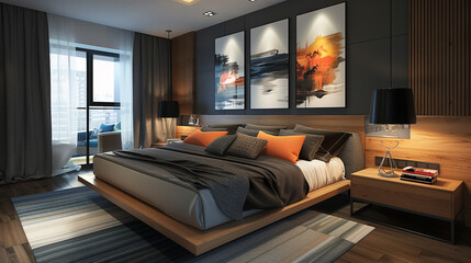 Contemporary bedroom with a platform bed, floating nightstands, and a gallery wall of abstract art.