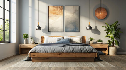 Contemporary bedroom with a platform bed, floating nightstands, and a gallery wall of abstract art.