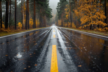 Fototapeta premium straight asphalt road in the middle of the forest in rainy weather 