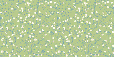 Pastel blooming tiny plants seamless pattern on a green, mint background. Vector hand drawing. Abstract shapes small branches with ditsy flowers printing. Ornament for design, fabric, textiles