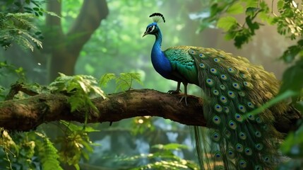 Peacock in natural habitat perched on tree