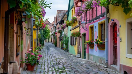 Quaint cobblestone street in a historic town, lined with colorful buildings and adorned with hanging flower baskets.