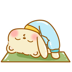 Hand drawn illustration Kawaii Yellow Bear doing Yoga stretching pose meditation cute cheerful character poster clipart print isolated on white.