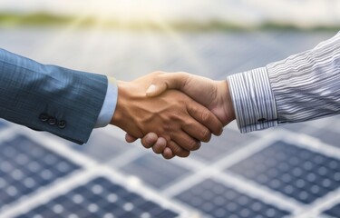 Foreman and businessman shaking hands after meeting and over deal their agreement or contract. Soar panel. Green electricity