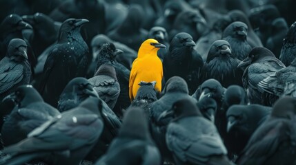 A single yellow crow shines as the center of attention in a dark gathering of black crows highlighting its distinct leadership qualities and - Powered by Adobe