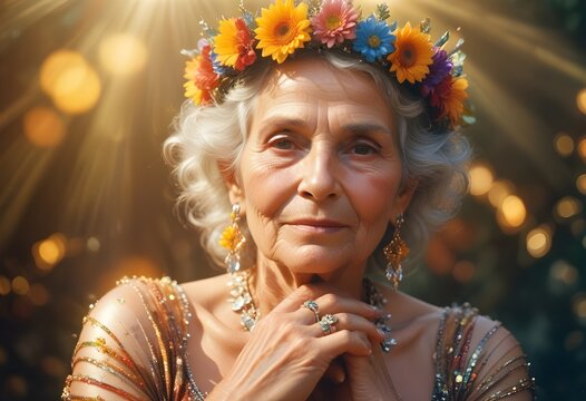 Fototapeta Hippie tęczowa i wielobrawna starsza piękna kobieta cała we kwiatach ubrana w elegancką kolorową biżuterię z kamieni naturalnych i koralików
