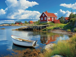 Scenic coastal village with red houses, a wooden pier, and a small boat on calm water under a blue...