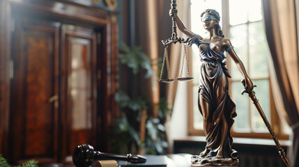 Figure of Lady Justice and gavel on table indoors space