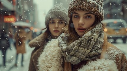 Fashion models clad in oversized shearling coats, chunky knit scarves, and wool beanies, walking down a snowy city street in the heart of winter.