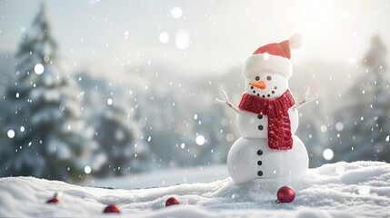 Fototapeta premium Christmas greeting snowy background. Happy snowman standing in winter Christmas landscape