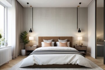 Modern Bedroom Design With Geometric White And Brown Weave Patterned Wallpaper