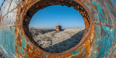 A large rusty pipe with a hole in it is sitting on a beach with a ship in the distance. AI. - Powered by Adobe